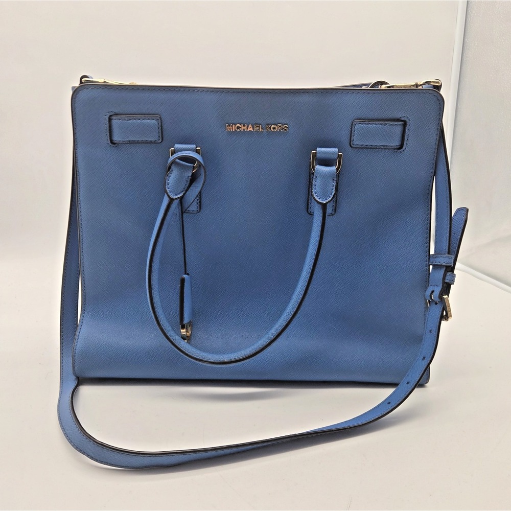 Michael Kors Dillon Saffiano Leather Tote Bag Purse Heritage Blue Gold-Tone Used